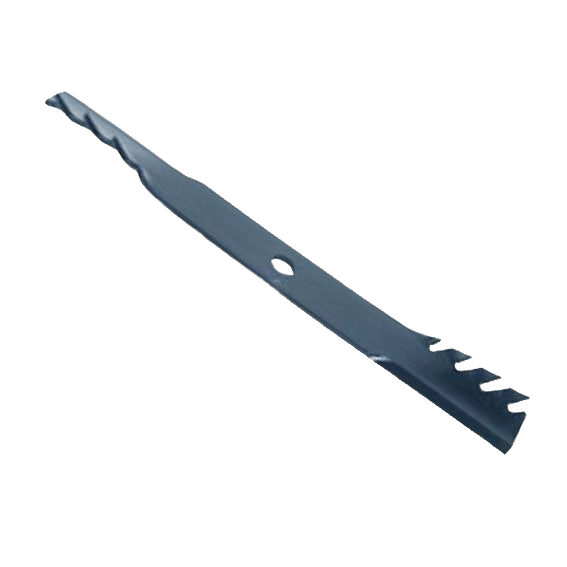 Single metal mower blade with jagged teeth and central mounting hole for lawn equipment parts and tools use
