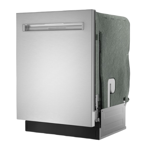 Angled view of a stainless steel built-in dishwasher with integrated handle and black base panel, part of Dishwashers, Built-in Dishwashers, Kitchen & Kitchenware, All Products, and Appliances collections.