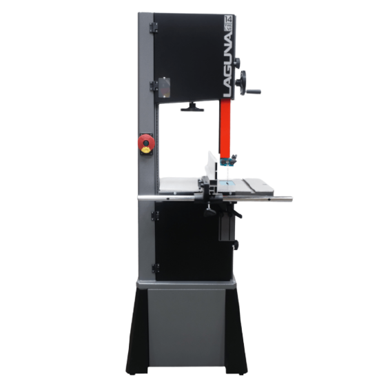 Black and gray stationary bandsaw with red blade cover and adjustable metal table for power tool and woodworking use