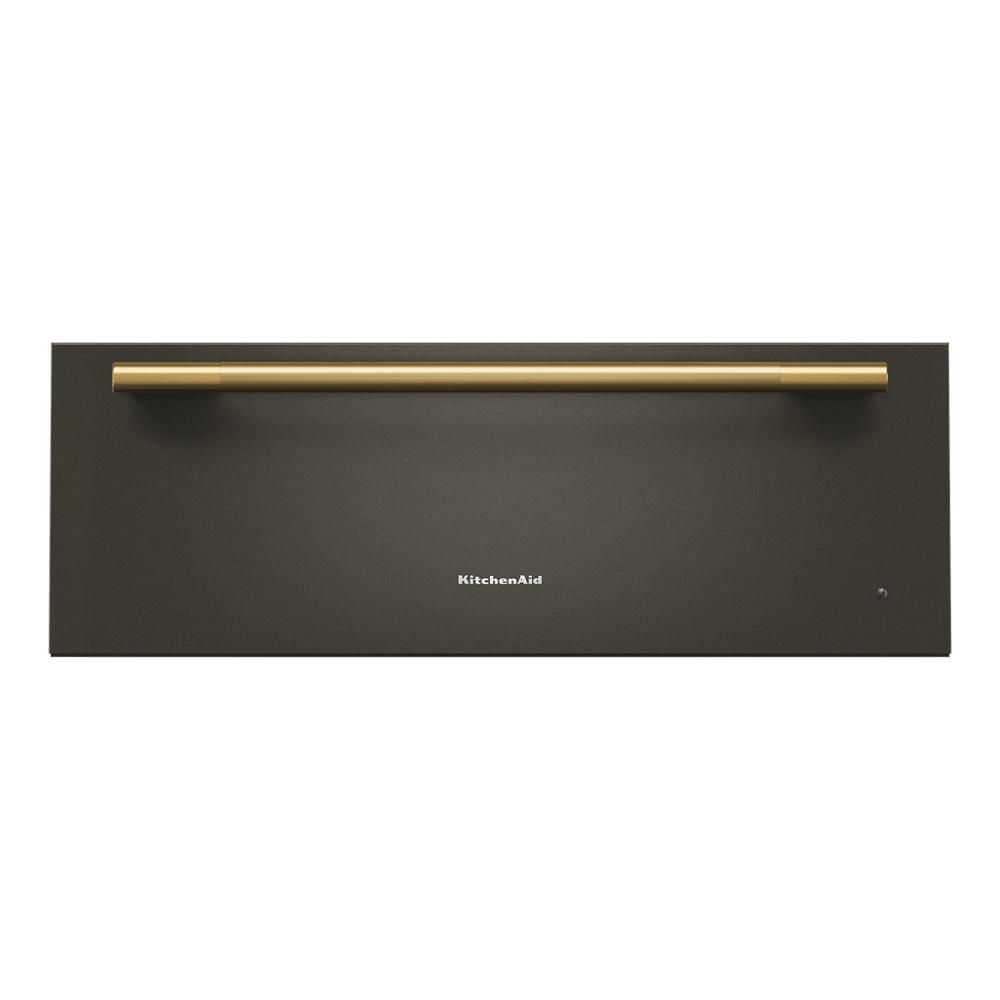 Front view of a dark stainless steel warming drawer with a long horizontal handle from KitchenAid Appliances collection