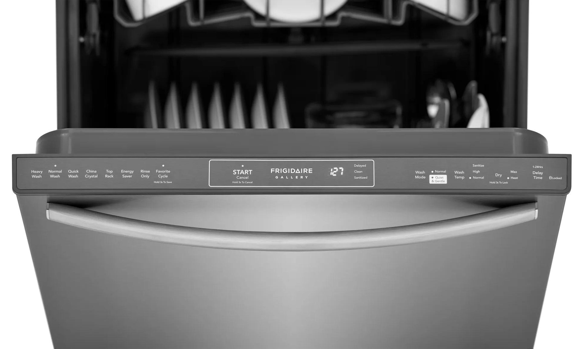 Front view of stainless steel dishwasher control panel with digital display and open door in Dishwashers collection