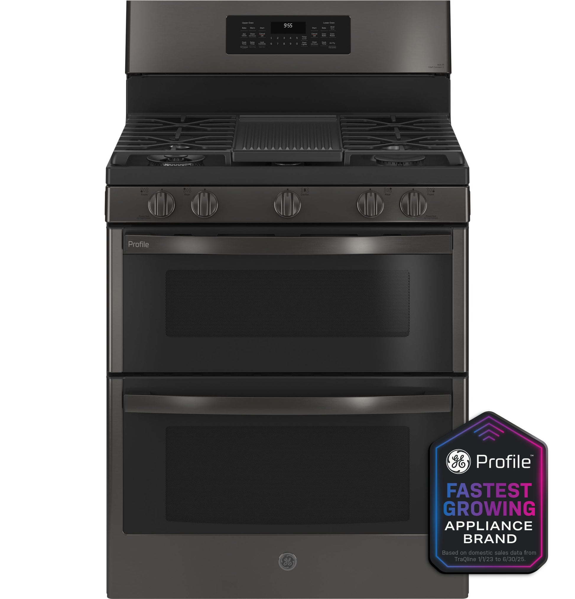 Front view of black GE Profile free-standing gas double oven range with convection and air fry features in kitchen collection