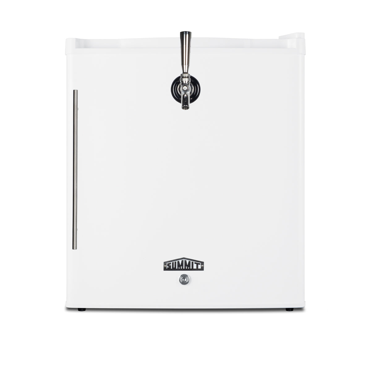 Compact white tabletop front tap beer dispenser with stainless steel handle and Summit logo, part of beverage centers, refrigerators, kitchen & kitchenware at Hartville Hardware for home improvement.