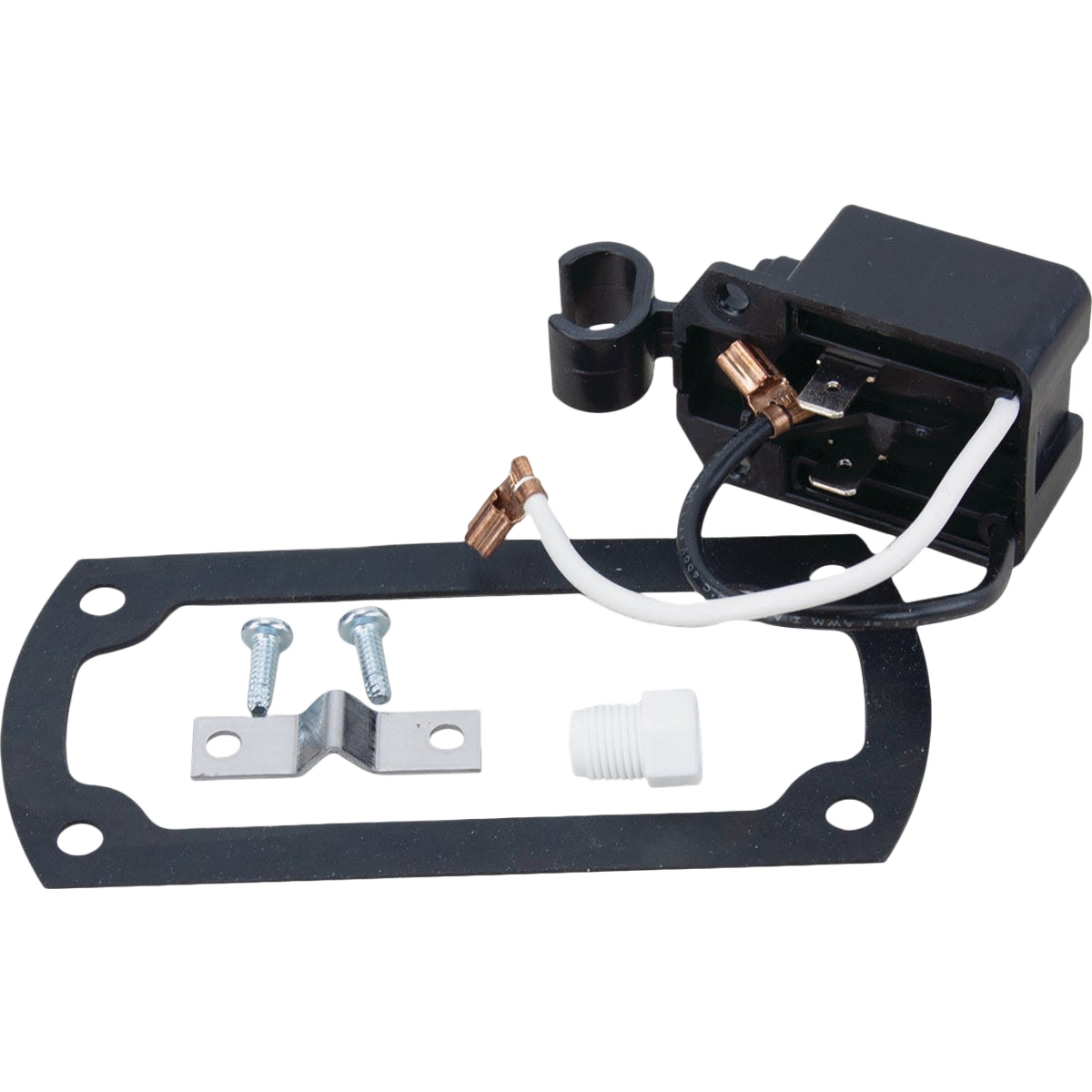 Sump pump replacement switch assembly with wiring, mounting bracket, gasket, screws, and white plastic connector for home repair