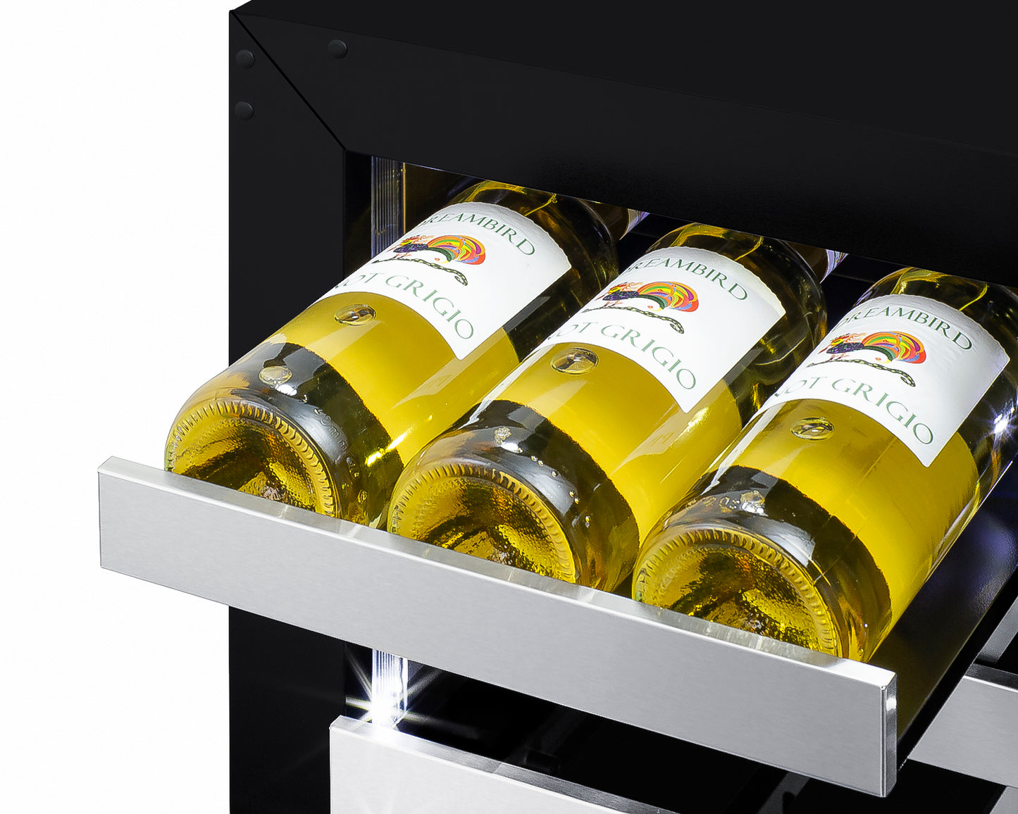 Close-up view of built-in beverage center holding three white wine bottles on a metal rack in kitchen appliance setting