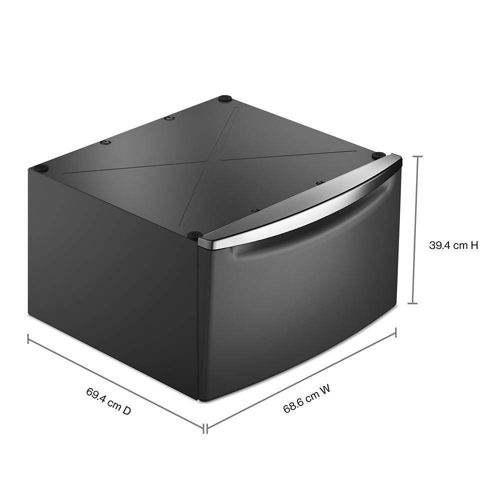 Black storage pedestal drawer with curved handle designed for front load washers and dryers in appliance parts collections
