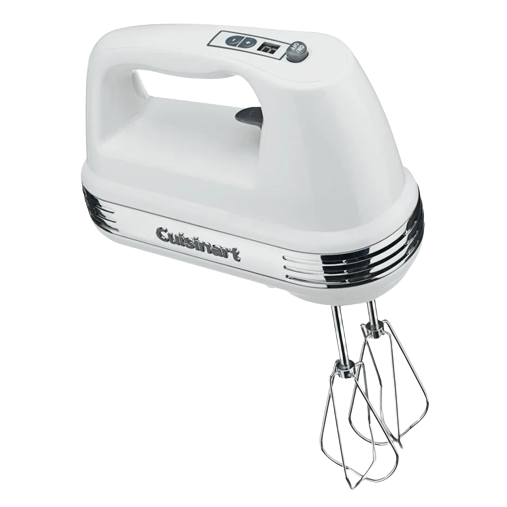 White 9-speed hand mixer with ergonomic grip, stainless steel beaters, and chrome accents for home kitchen use