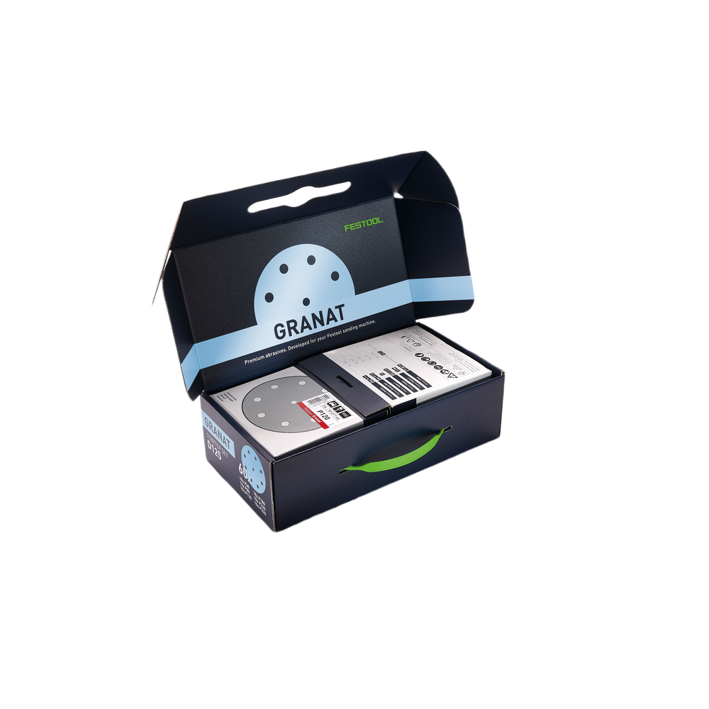 Open black and blue box containing circular sanding discs for sanding and grinding tool accessories under $100
