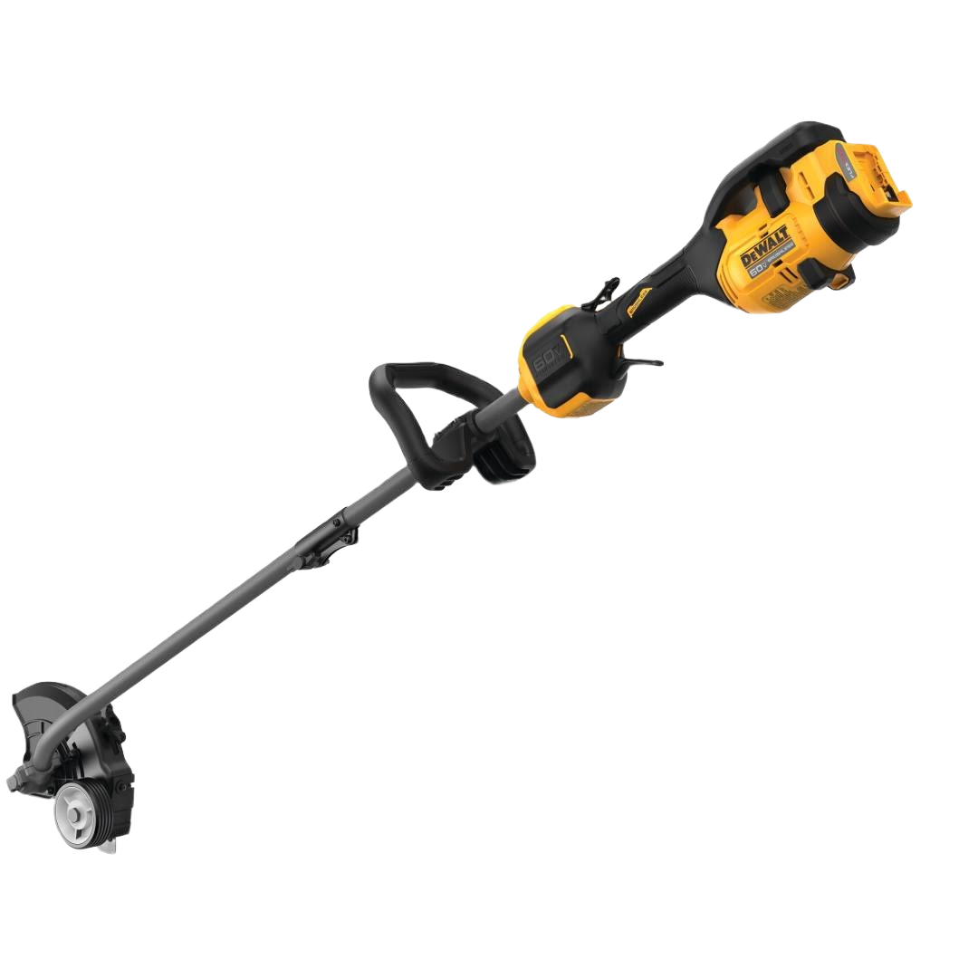 Cordless yellow and black 7-1/2 inch attachment-capable edger with brushless motor for outdoor power tools and lawn care