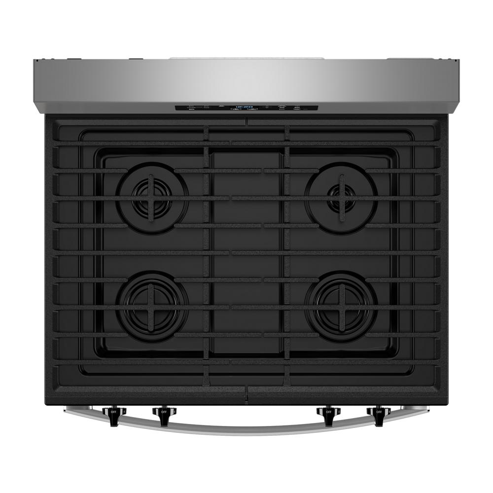 Top view of a stainless steel 30-inch gas range with four burners and continuous cast iron grates in Appliances collection