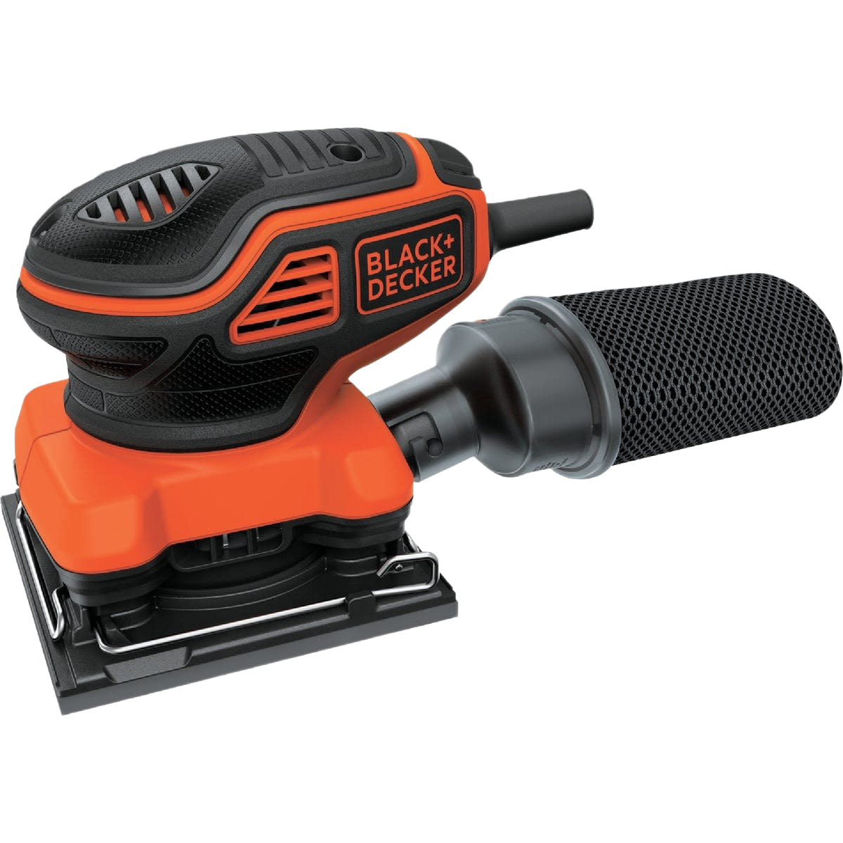 Compact orange and black electric finish sander with dust collection attachment for tools and home improvement projects