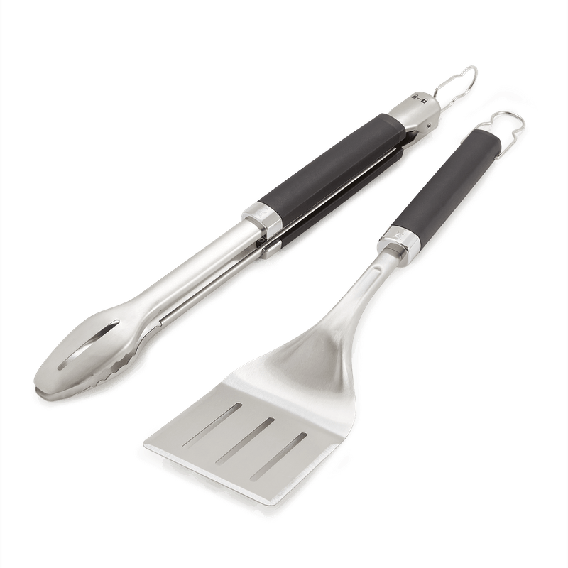 Stainless steel grill tongs and spatula with soft touch handles for outdoor grilling accessories and tools collections