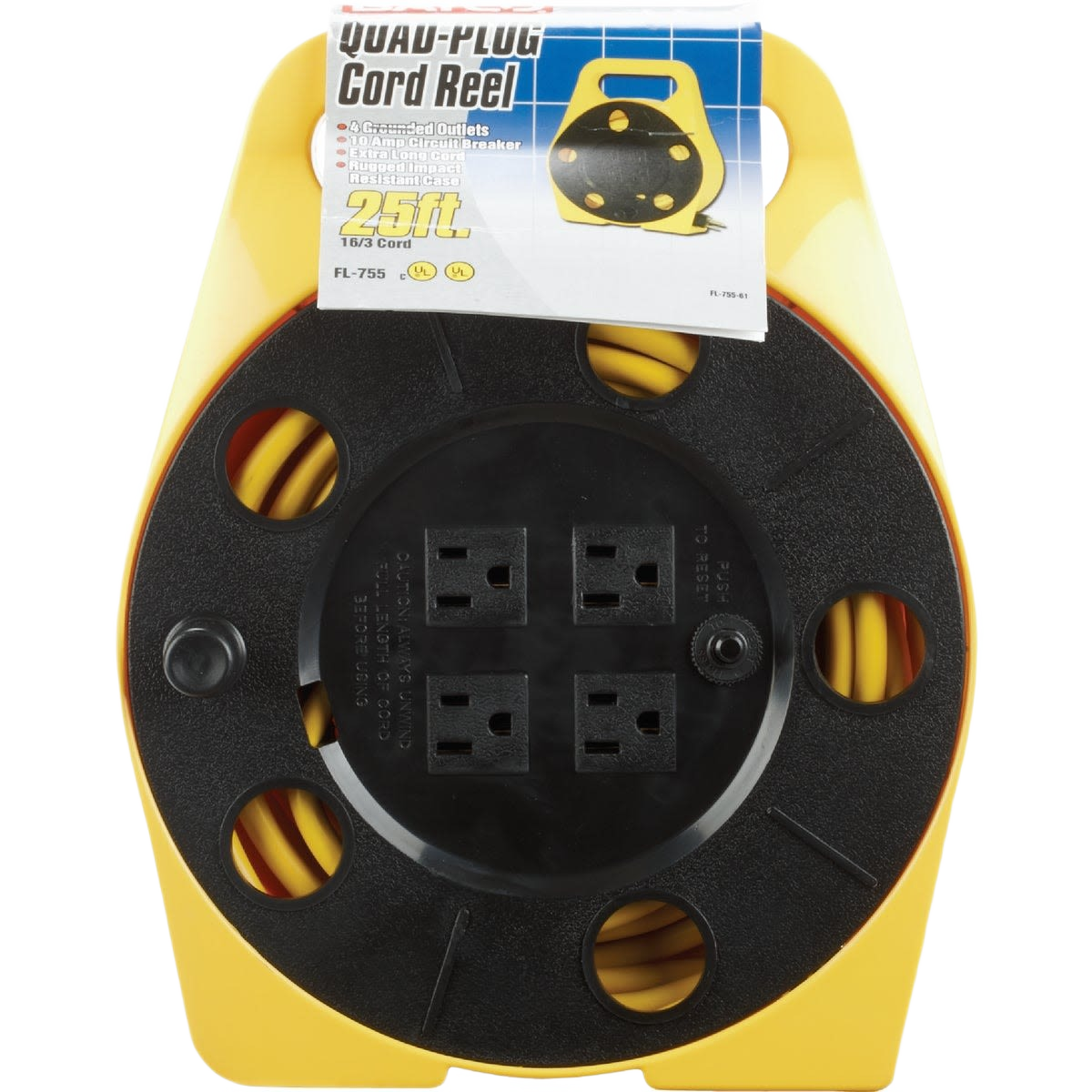 Yellow and black multi-plug cord reel with four grounded outlets and 25ft cord for electrical and appliance use