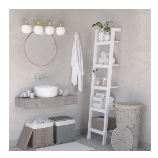 Bathroom vanity space with modern brass four-light fixture and white glass globe shades above a round mirror