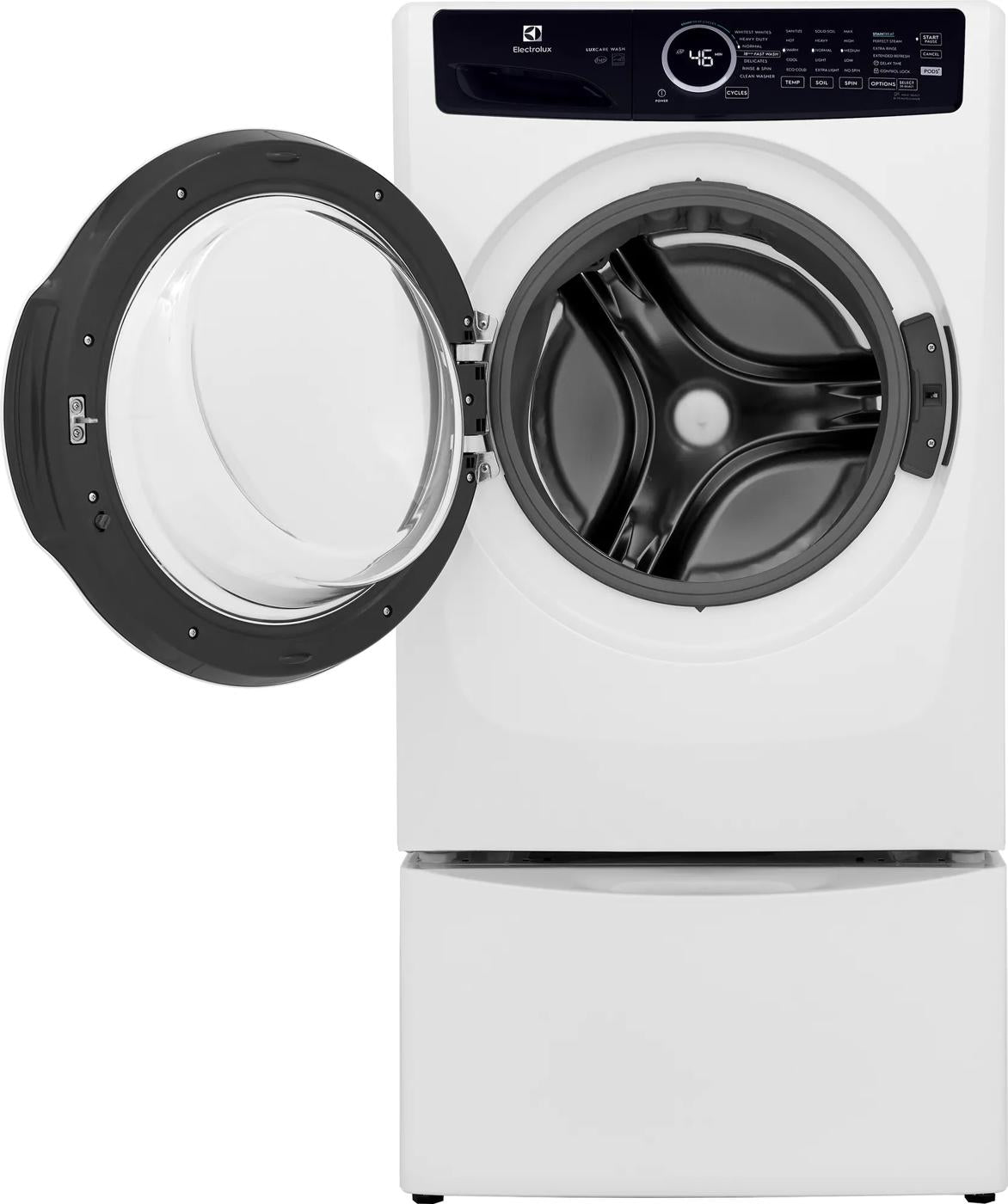 White front load washer with open door, digital control panel, and smooth stainless steel drum from washers collection