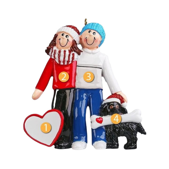Festive ceramic couple with red scarf and blue hat posing with black dog holding a bone Christmas ornament under 50 collection