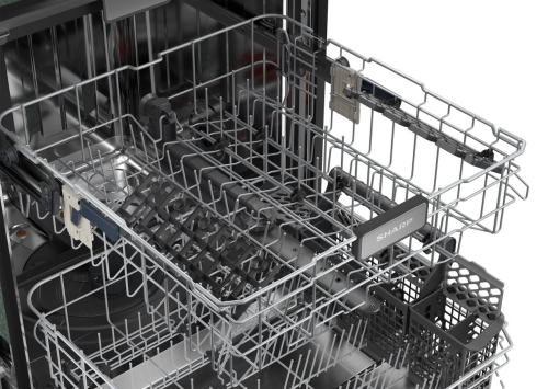 Open stainless steel dishwasher interior with adjustable racks and utensil baskets for dishwashers and kitchen appliances.