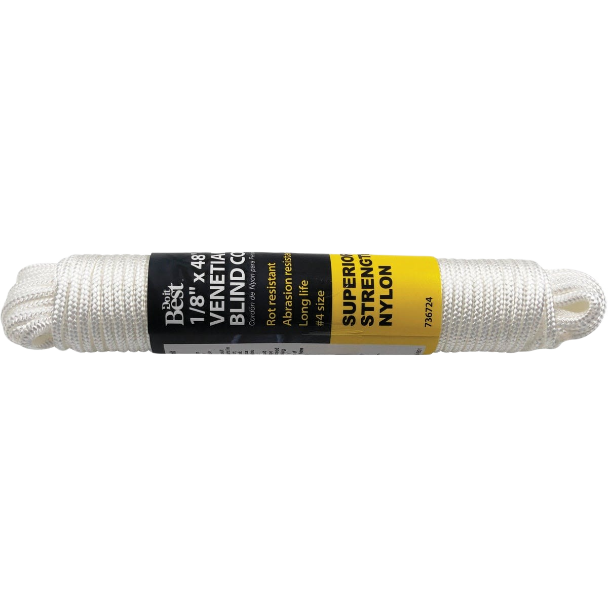 Coiled white nylon cord labeled for Venetian blinds, designed for durability in home improvement projects.