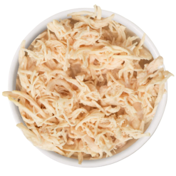 White shredded chicken in a white bowl, suitable for pet food or culinary use