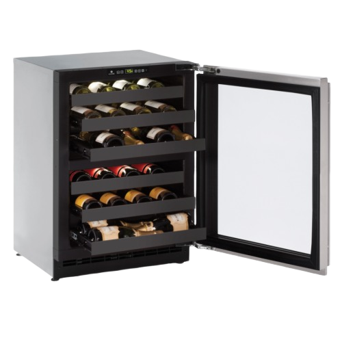 Open black wine refrigerator with glass door and wooden shelves storing multiple bottles in appliances collection