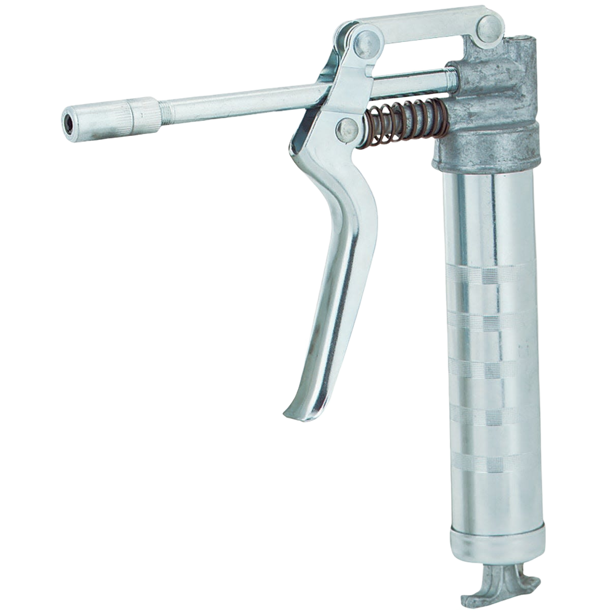 Metal hand-operated grease gun with lever handle for lubrication in tools and home improvement tasks