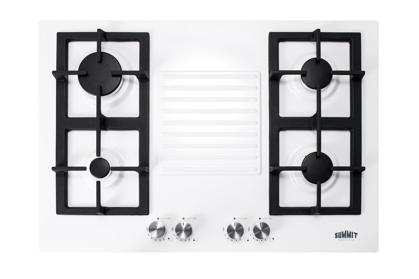 White 4-burner gas cooktop with black cast iron grates and metal control knobs for home improvement tasks