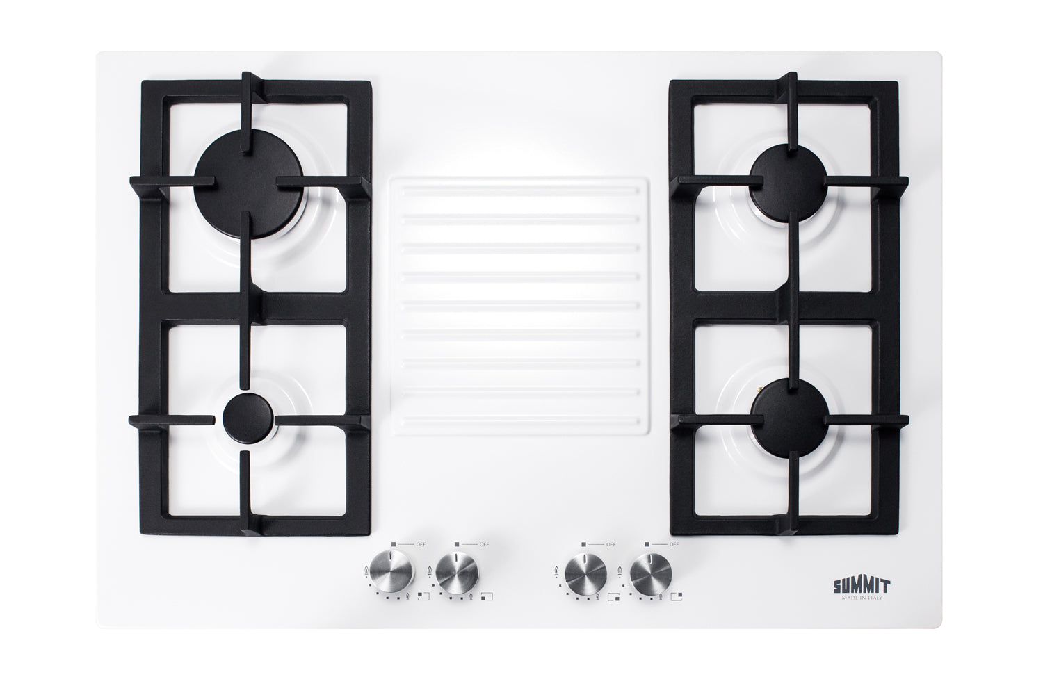 White 4-burner gas cooktop with black cast iron grates and metal control knobs for home improvement tasks