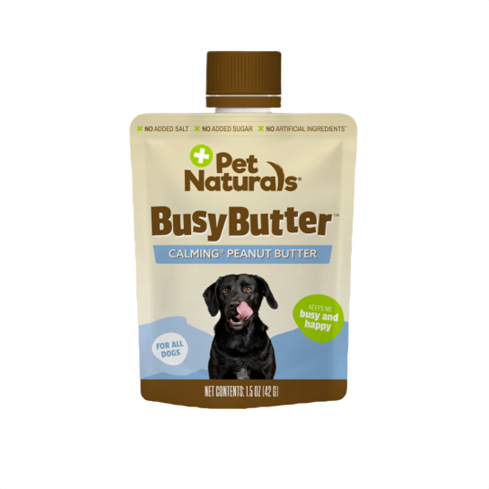 Pouch of calming peanut butter dog treat with natural ingredients for stress relief in pet and dog supply collections under $50