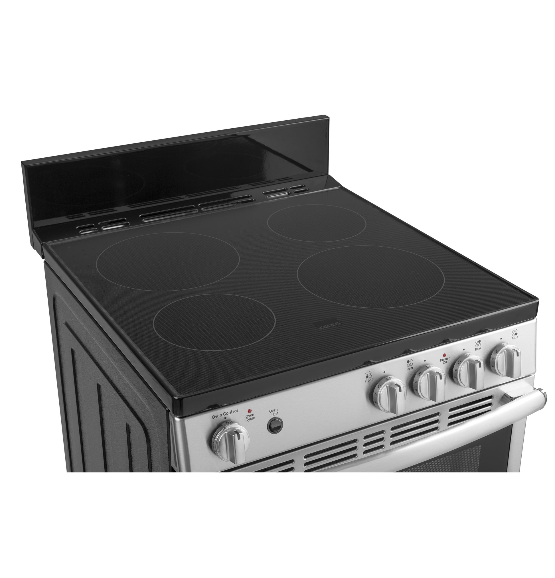 Black smooth top cooktop with four burner outlines and stainless steel front control knobs on kitchen range appliance