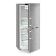 Open freestanding refrigerator/freezer with stainless steel exterior, adjustable shelves, and separate compartments, suitable for refrigerators and kitchenware collections.