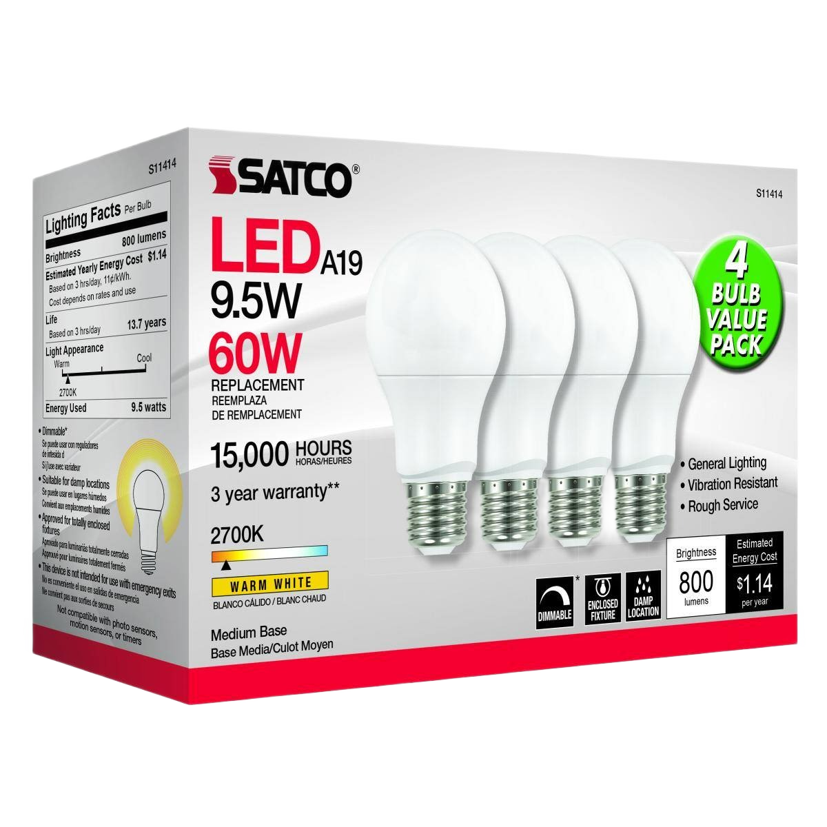 Four-pack of Satco 9.5 watt A19 LED warm white bulbs with medium base, energy-saving lighting for home improvement