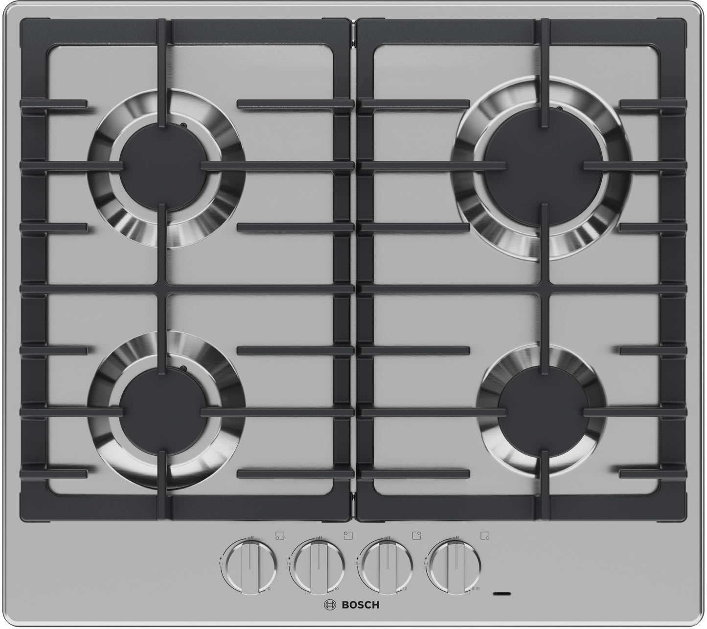 Stainless steel four-burner gas cooktop with cast iron grates and metal control knobs in Bosch cooktops collection