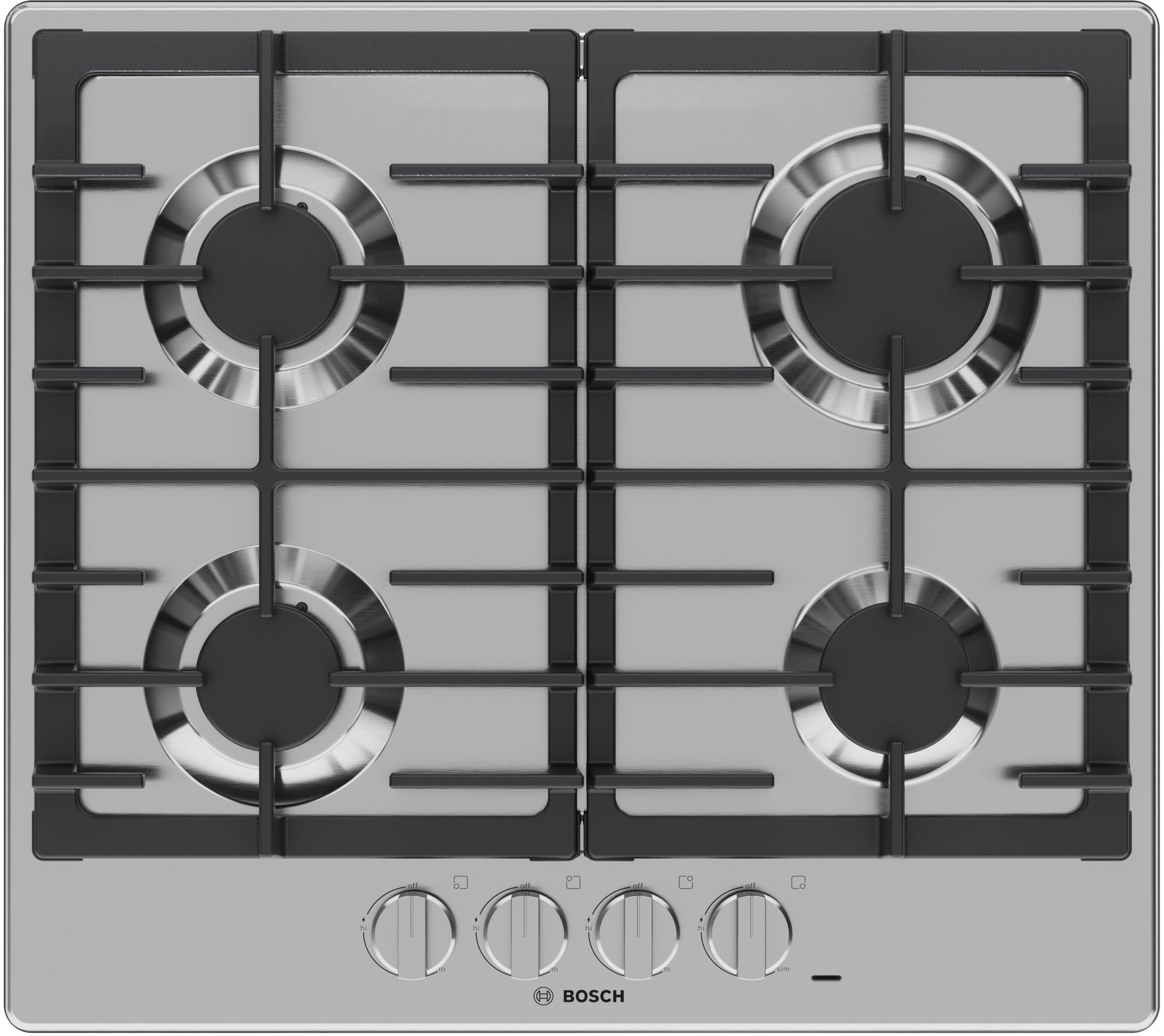 Stainless steel four-burner gas cooktop with cast iron grates and metal control knobs in Bosch cooktops collection