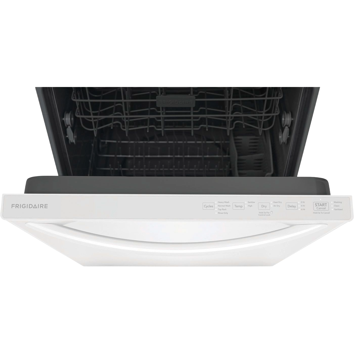 Front view of a white built-in dishwasher with open door and visible dark interior racks in kitchen appliance setting