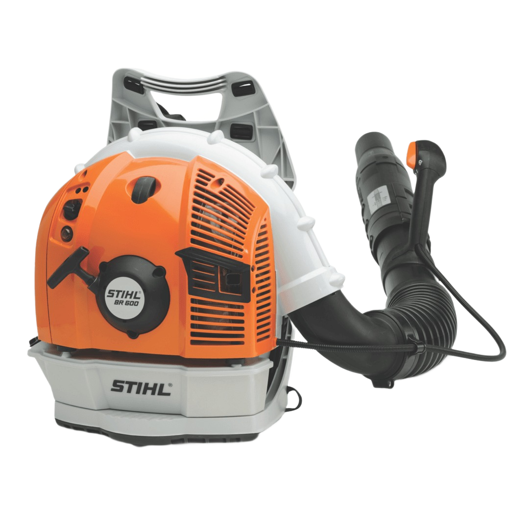 Orange and white backpack blower with black flexible hose and ergonomic handle for yard and home improvement tasks