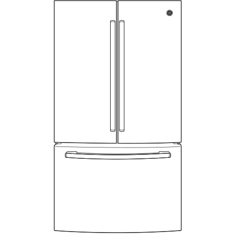 Outline drawing of a French-door refrigerator with a bottom freezer drawer for kitchen and home improvement use.