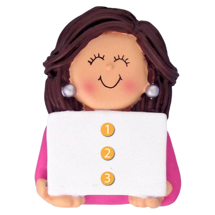 Personalized female ornament with brown hair and pearl earrings holding a customizable white sign in Christmas collection