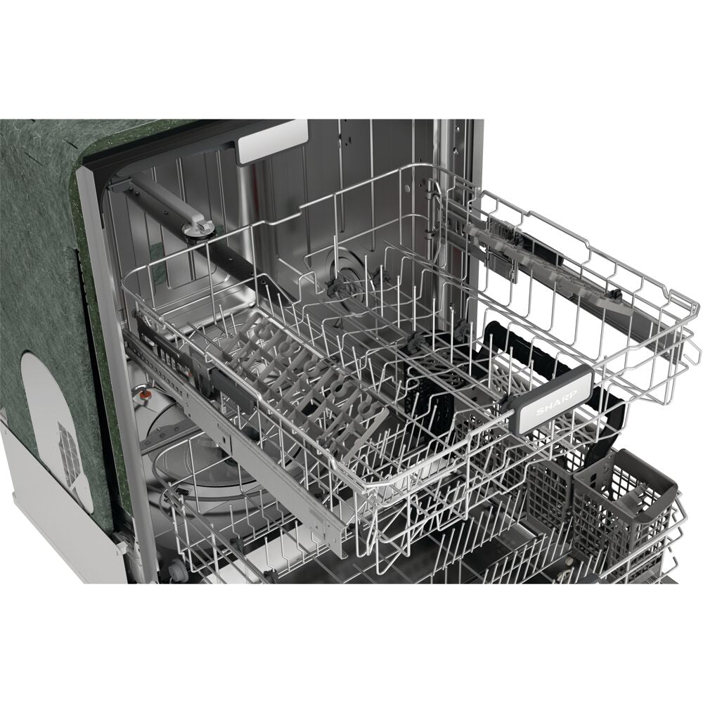 Open stainless steel dishwasher showing multiple slide-out racks and utensil baskets in kitchen appliance setting