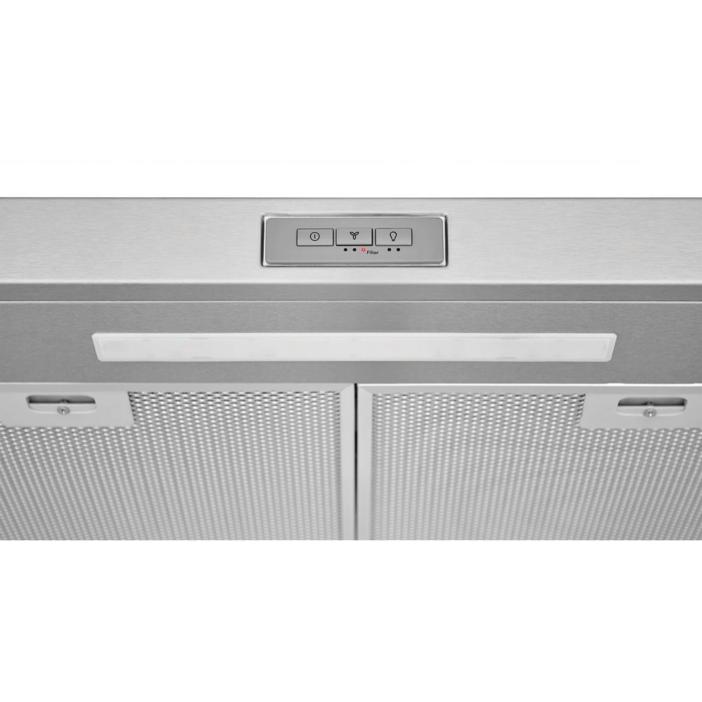 Close-up of stainless steel undercabinet ventilation hood with control panel, LED light, and metal mesh filters in kitchen appliances collection