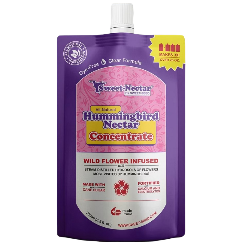 Purple resealable pouch of wild flower infused hummingbird nectar concentrate with natural ingredients and clear formula label
