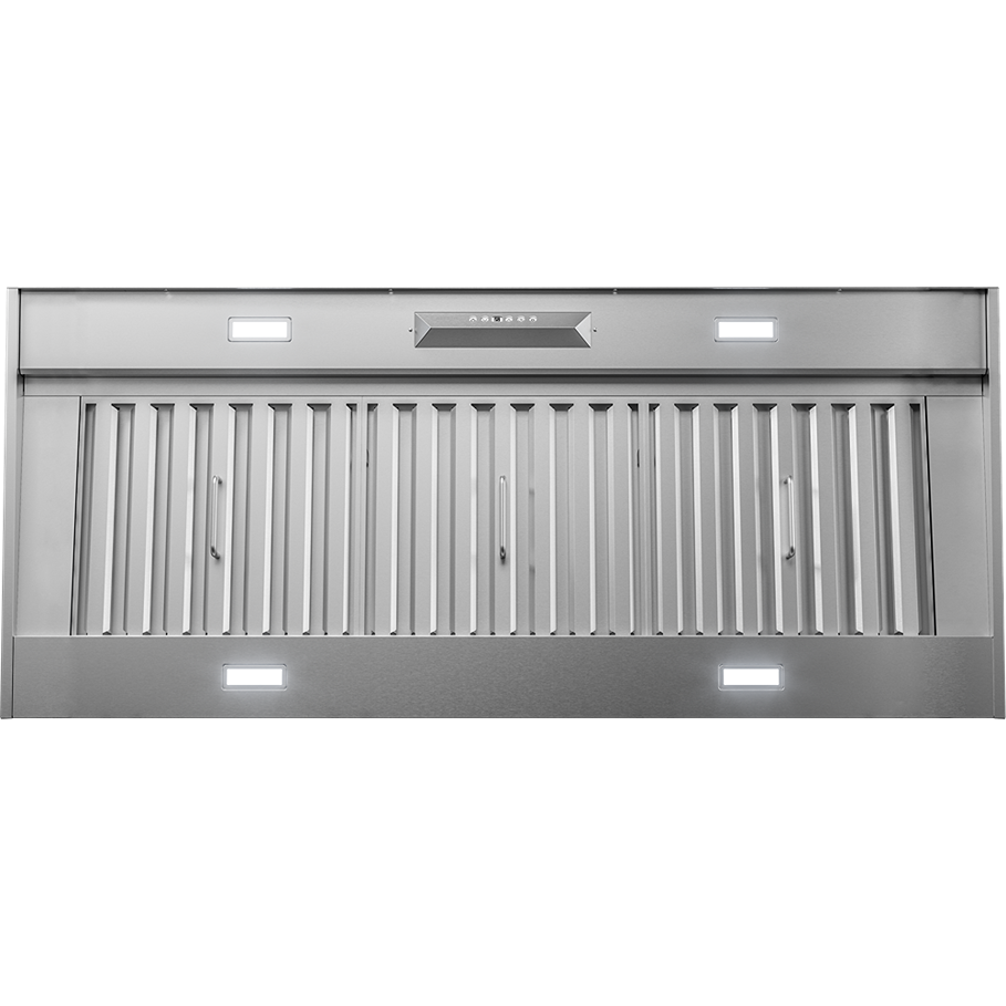Stainless steel insert range hood with LED lights and ventilation vents from kitchen appliances collection