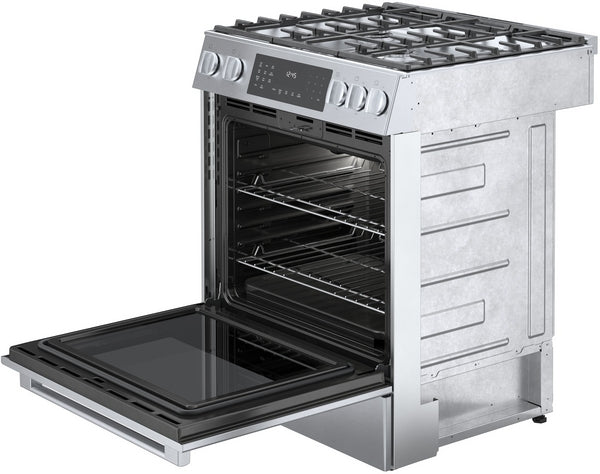 30-inch stainless steel dual fuel slide-in range with open oven door showing interior racks and control knobs