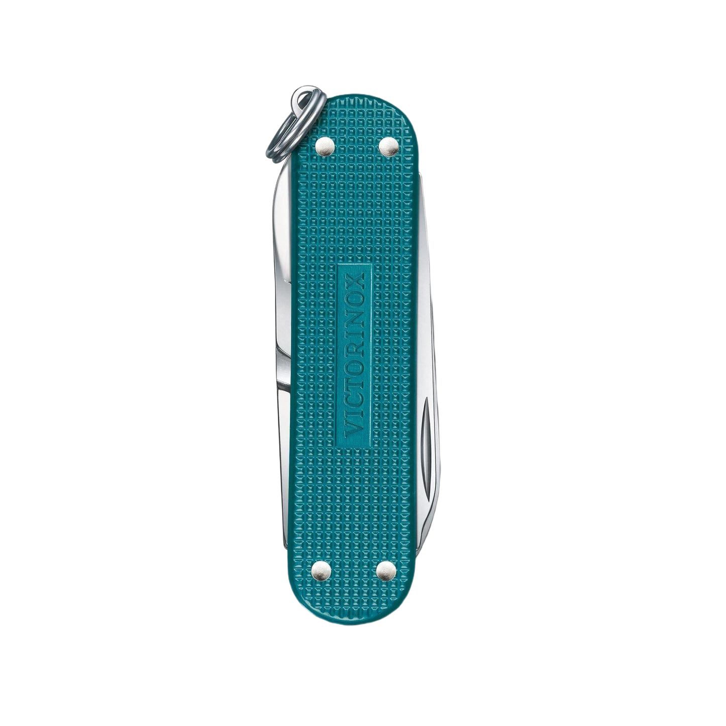 Teal Victorinox pocket knife with alox textured handle, keyring, and multiple tools for woodworking and cutting tasks