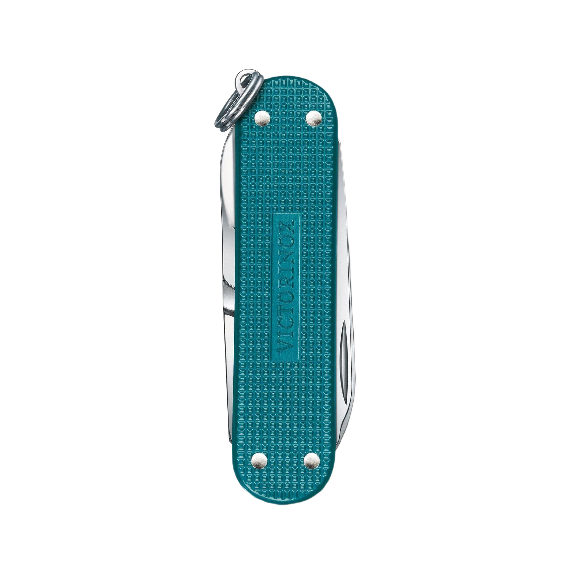 Teal Victorinox pocket knife with alox textured handle, keyring, and multiple tools for woodworking and cutting tasks