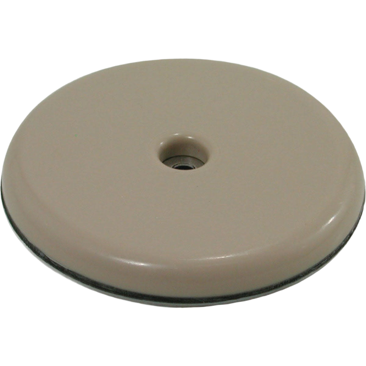 Round beige slide glide with adhesive backing and screw hole for furniture hardware and home improvement projects