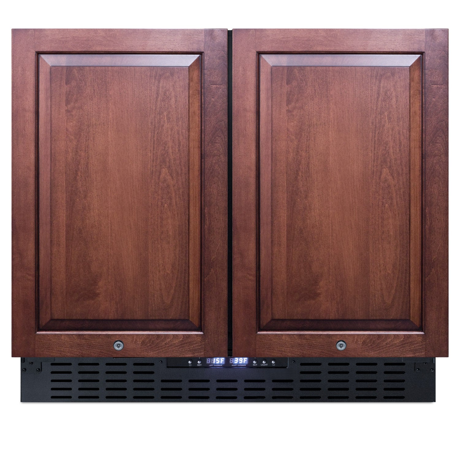 Built-in refrigerator-freezer with dual wood panel doors and digital temperature display for kitchen appliances collection