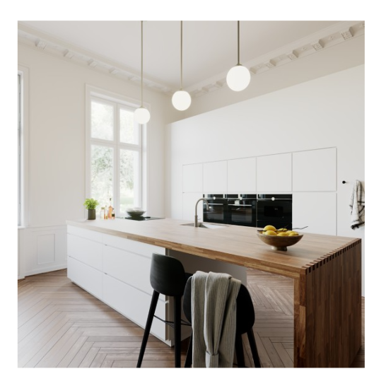 Three brushed nickel pendant lights with frosted globe shades above a kitchen island in modern home lighting