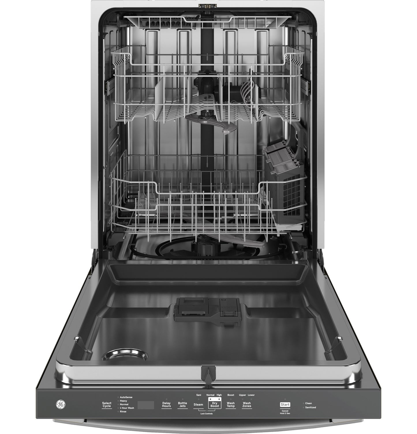 Open stainless steel dishwasher with two racks and top control panel from built-in kitchen appliances collection