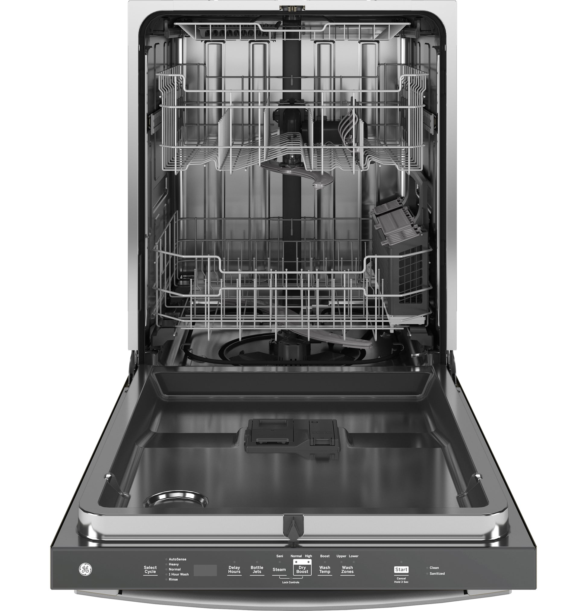 Open stainless steel dishwasher with two racks and top control panel from built-in kitchen appliances collection