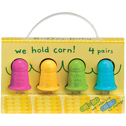 Colorful butter baby corn holders in pink, yellow, green, and blue arranged in a yellow display box for kitchen use